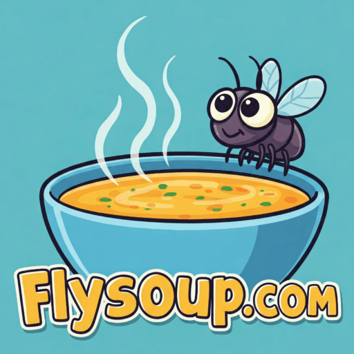 Cartoon fly sitting on the edge of a bowl of steaming soup, with the text "Flysoup.com" below.